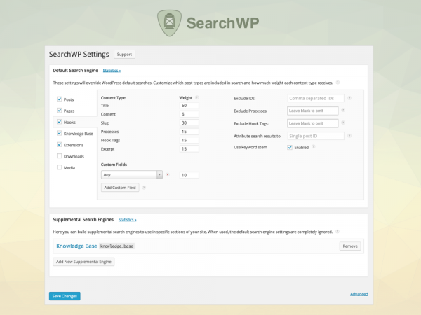 Screenshot of SearchWP settings screen